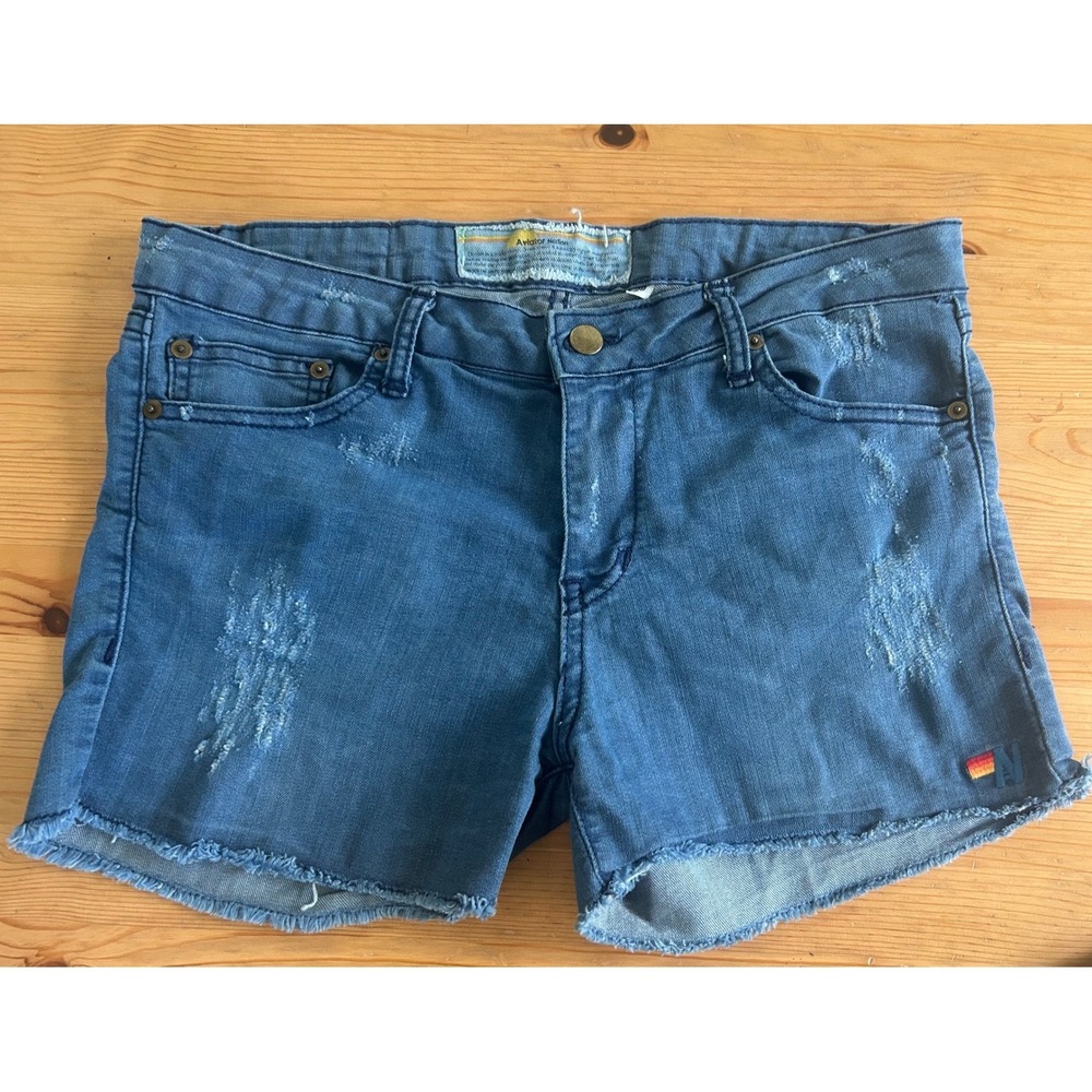 Aviator Nation Womens 29 Distressed Denim Shorts Designer Logo Cali Raw Hem